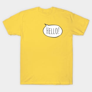 Cheerful HELLO! with white speech bubble on yellow T-Shirt